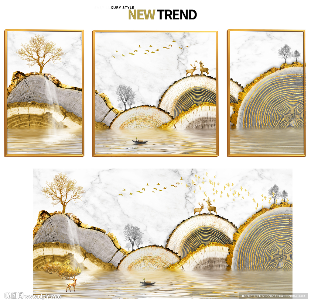 年轮麋鹿壁画 三联框画装饰画