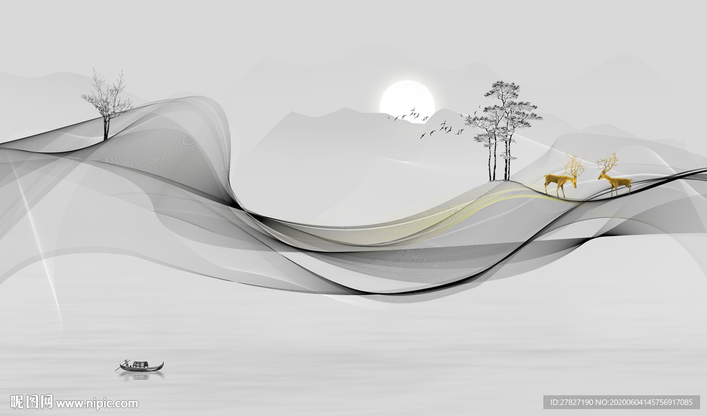 抽象线条 麋鹿山水 抽象麋鹿