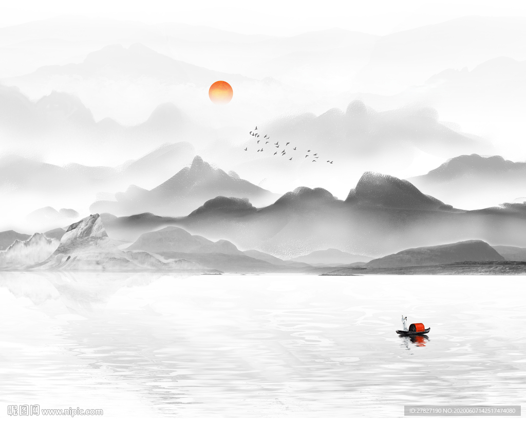 旭日东升 水墨山水 黑白山水