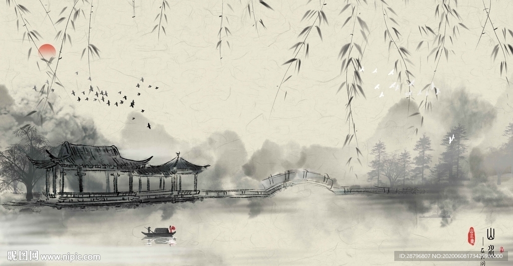 新中式水墨山水画上善若水壁画图