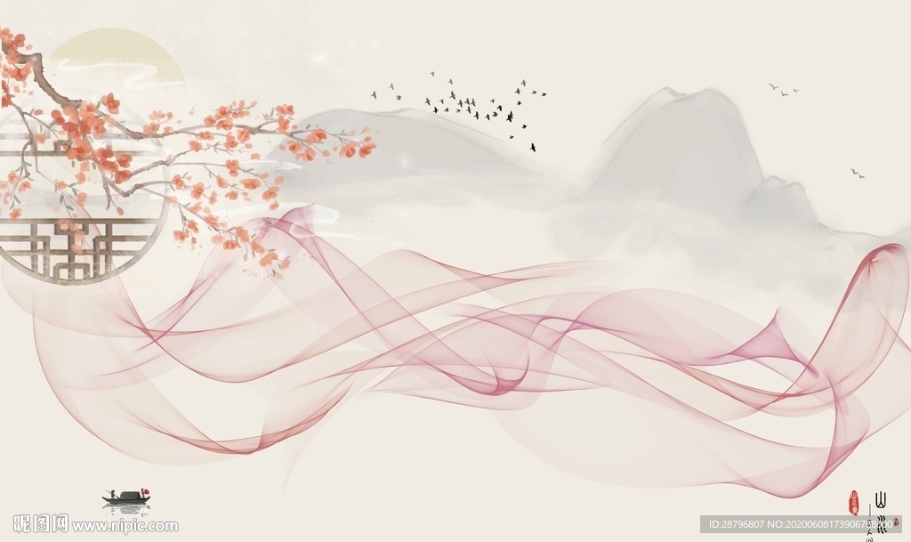 新中式水墨山水画上善若水壁画图