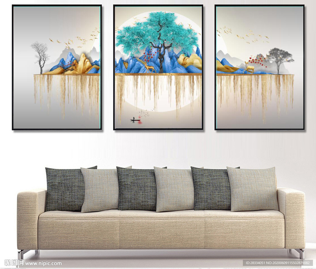 新中式金色麋鹿风景装饰无框画