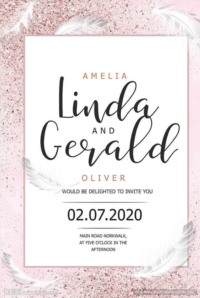 粉色梦幻羽毛婚礼海报