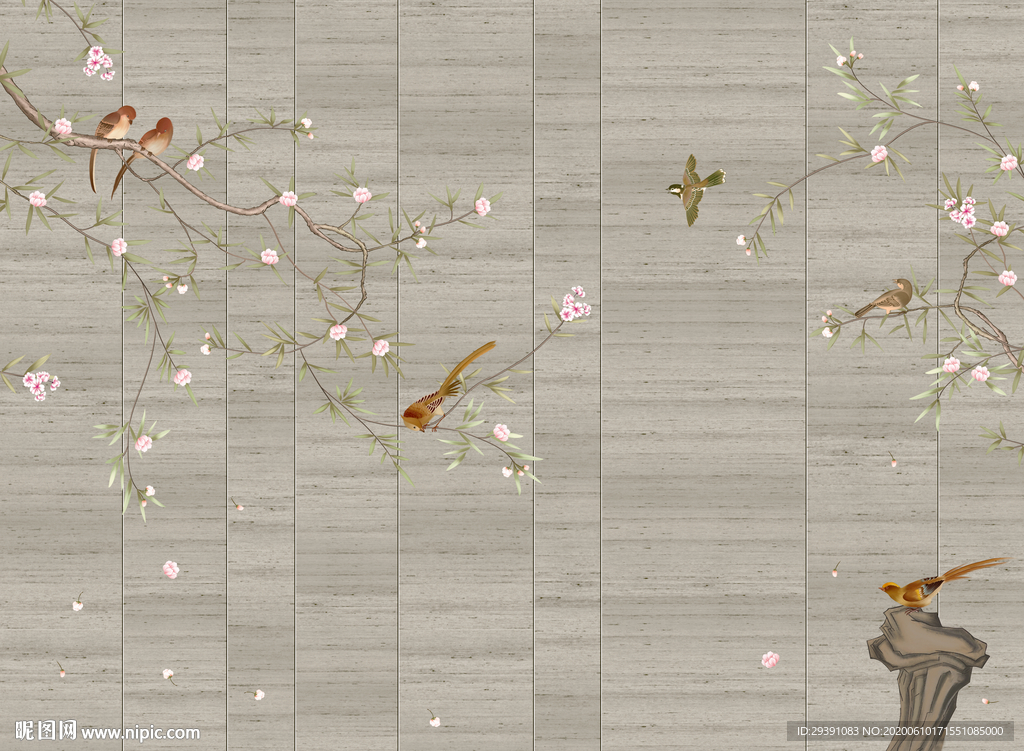 现代中式手绘梅花工笔花鸟背景墙