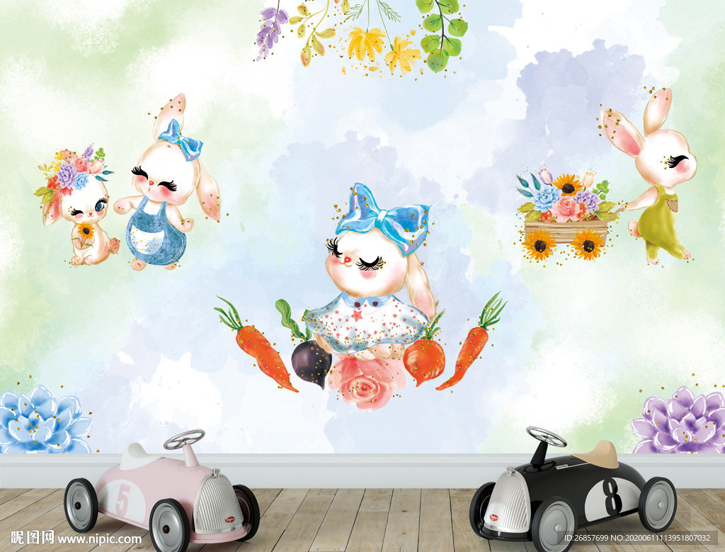 可爱兔子水彩画 儿童背景墙