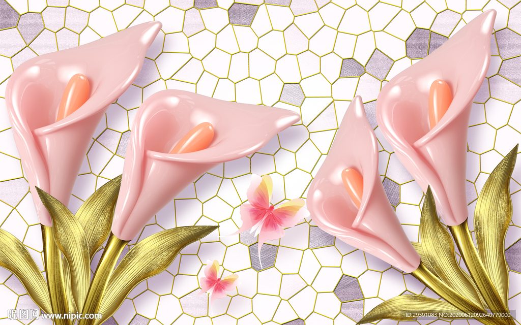 粉色3D马蹄莲蝴蝶背景
