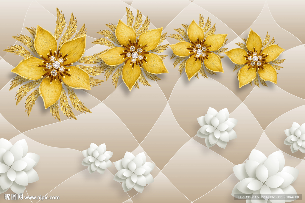 欧式软包金色花电视背景墙图片