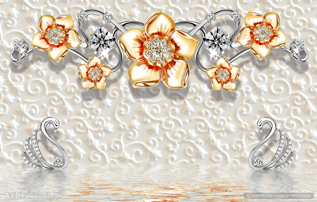 简约欧式珠宝花朵天鹅背景墙图片