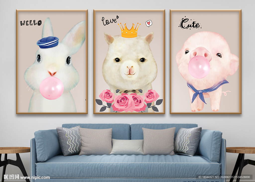 可爱卡通动物气球无框画