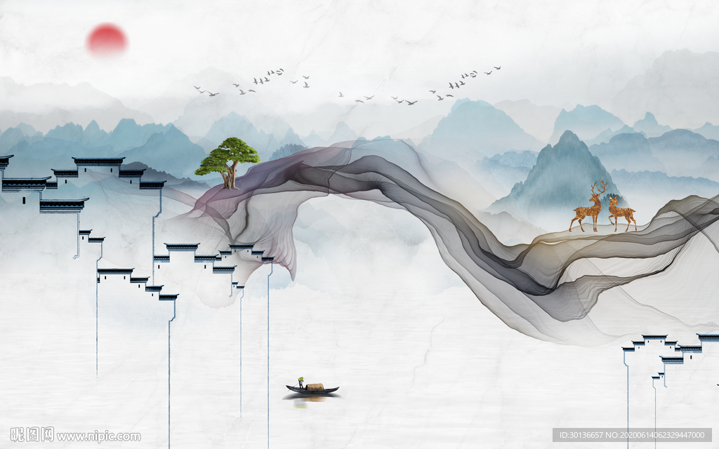 线条意境风山水画 TIF分层