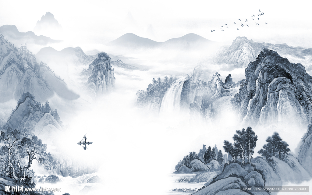 蓝色意境风山水画 TIF分层