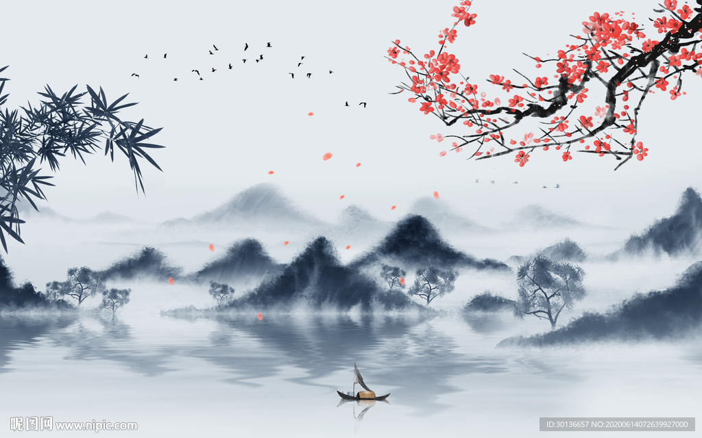 中式意境风山水画 TIF分层