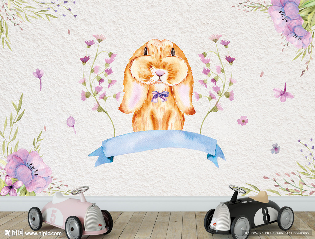 兔子水彩画 儿童背景墙