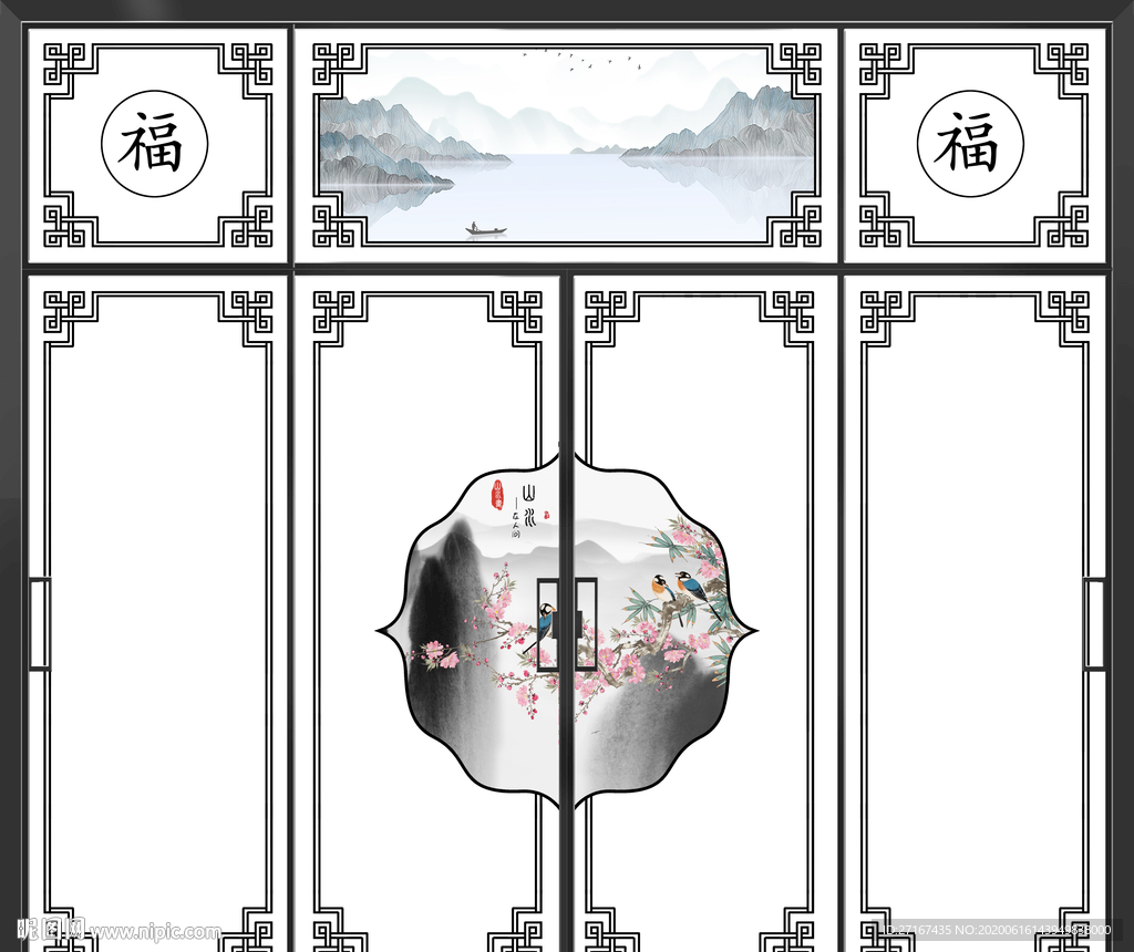 中古风花鸟系列庭院式大门六联画