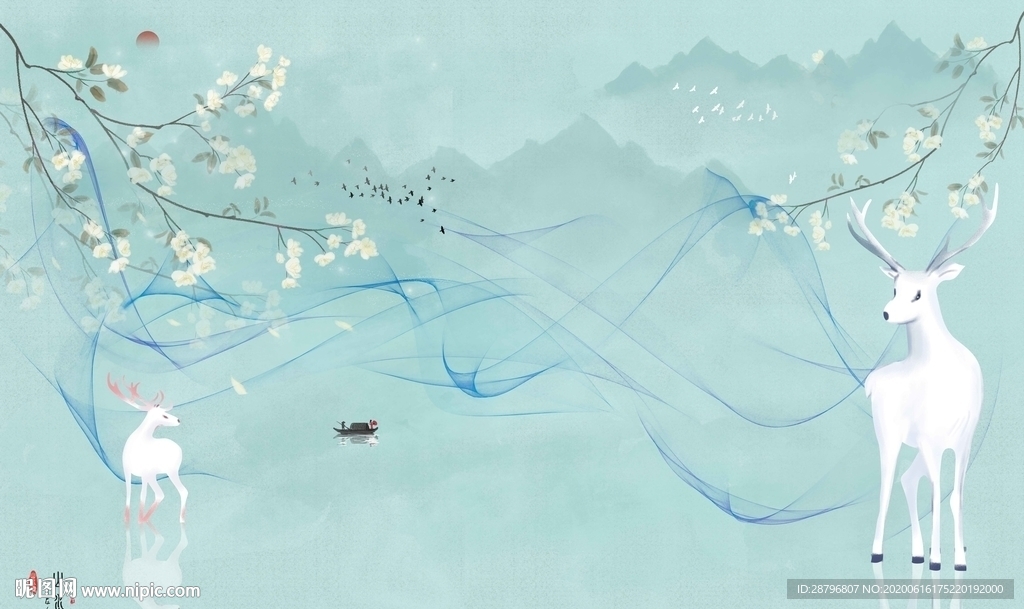 上善若水新中式水墨山水画花朵