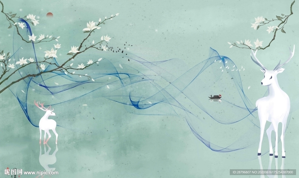 新中式手绘花鸟上善若水壁画图片