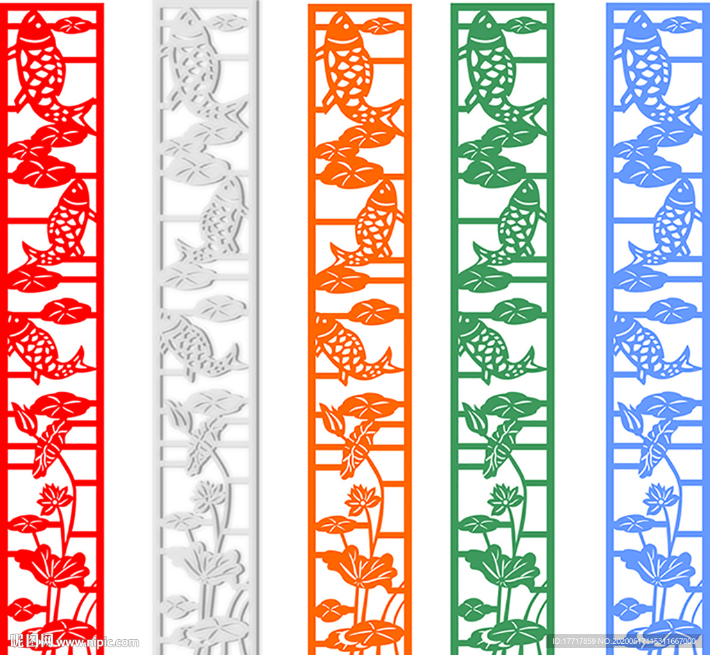 荷花鱼镂空雕刻花格子板矢量图