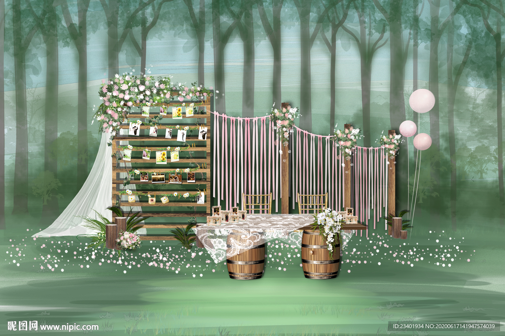 森系白绿粉草坪签到区