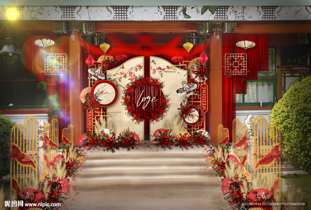 红色新中式四合院婚礼老北京风格