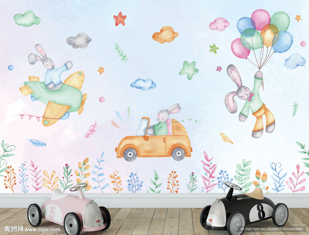 兔子水彩画 儿童背景墙