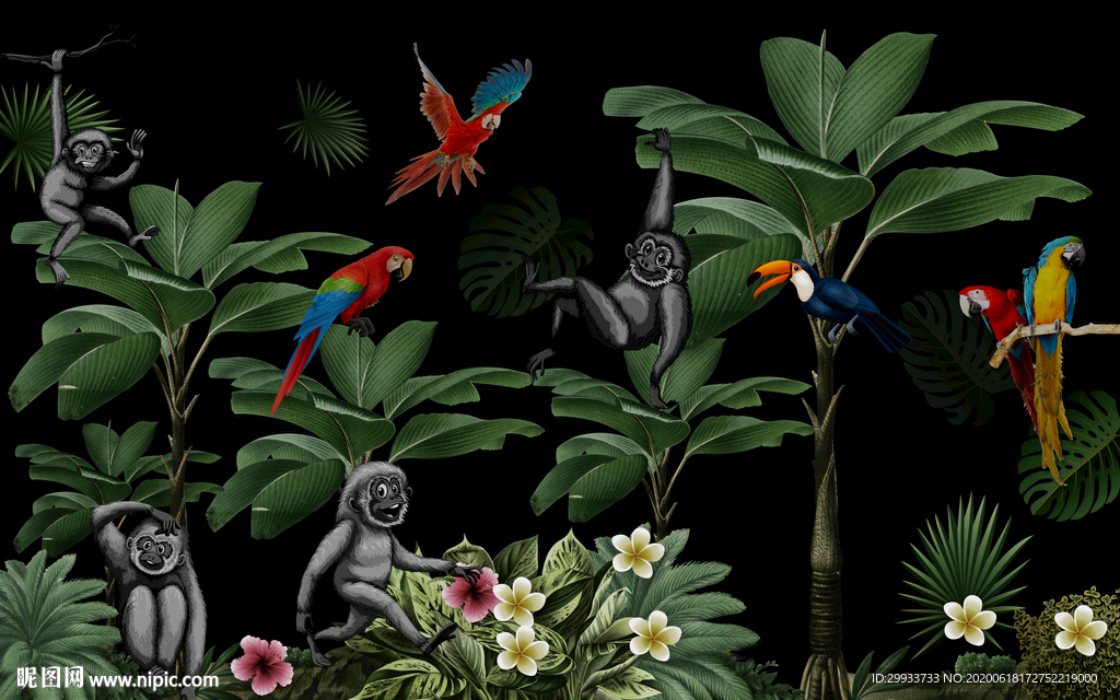 复古热带雨林鹦鹉猴子动物装饰画