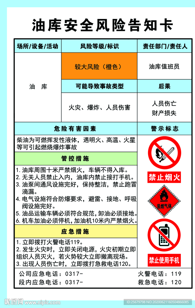 油库安全风险告知卡 提示卡