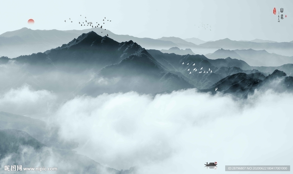 新中式水墨山水画上善若水壁画图