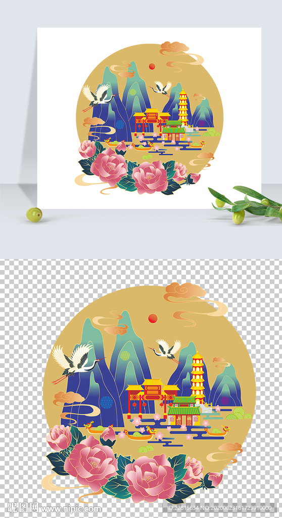 矢量国潮风金边牡丹端午插画设计