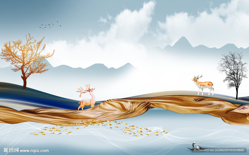 最新山水背景墙画 tif分层