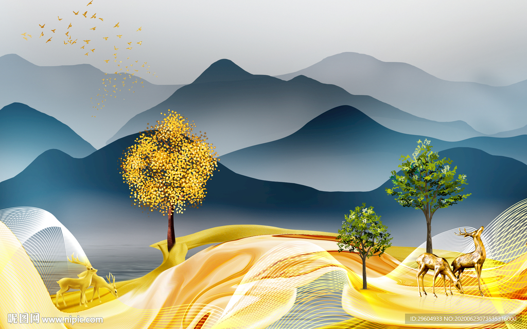 简约山水背景墙画 tif分层