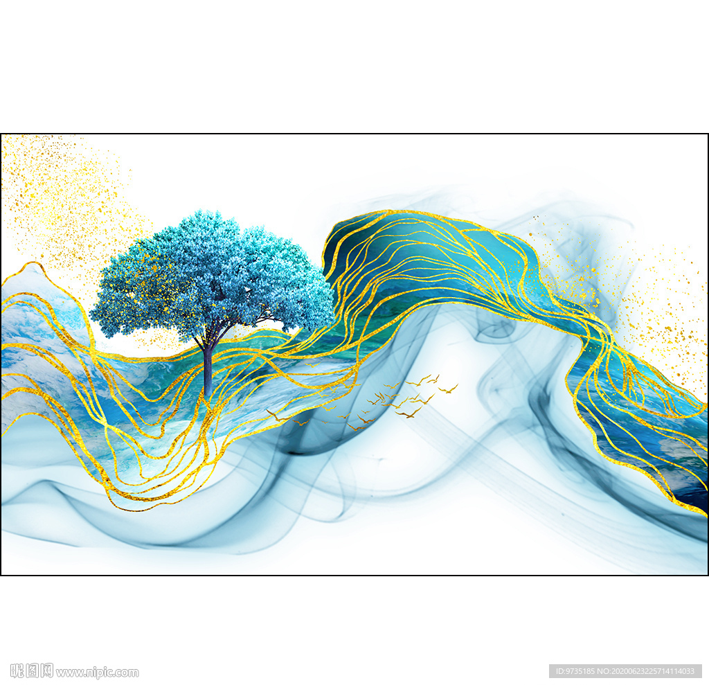 水墨抽象大树金线山水云雾画