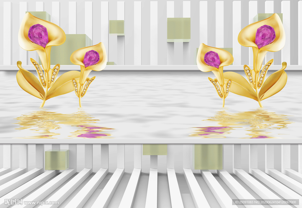 3D时尚百合水纹背景墙图