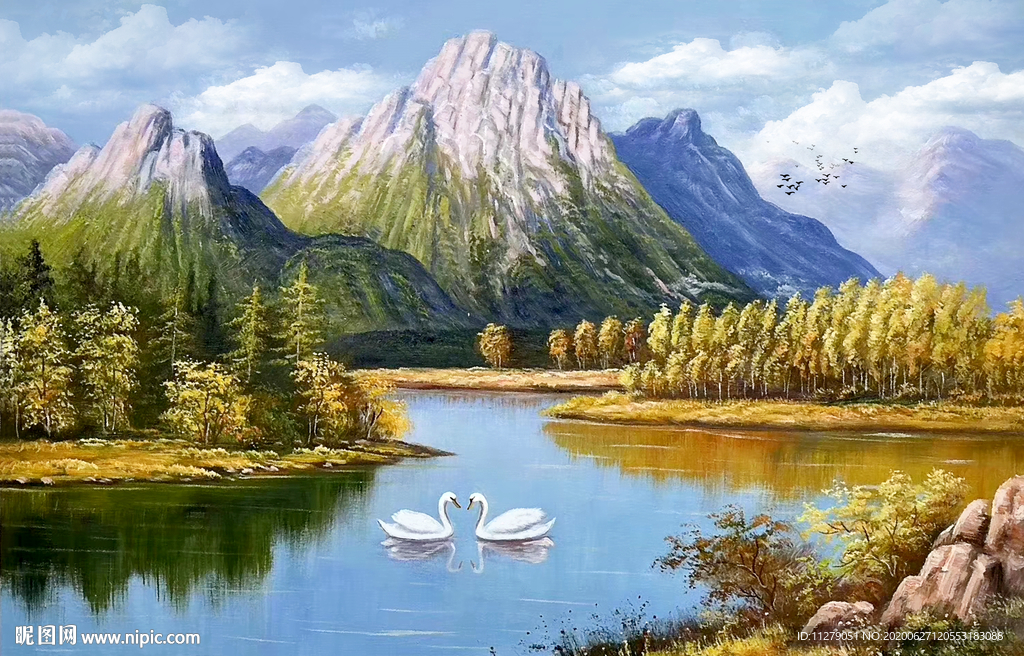 风景油画天鹅湖