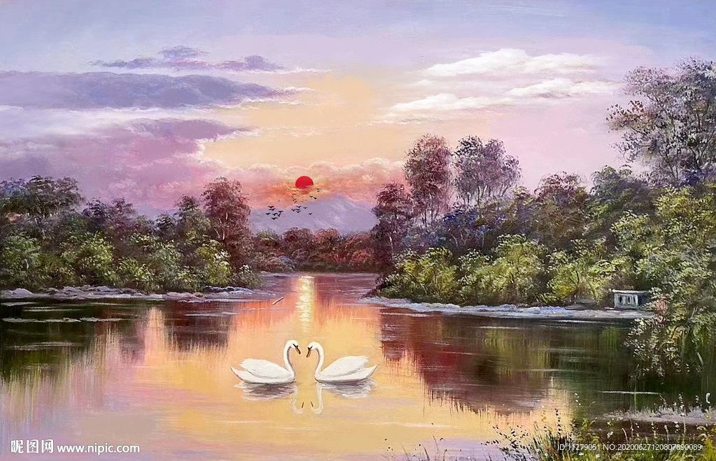 风景油画湖水风光