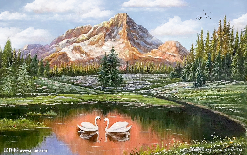 天鹅风景油画