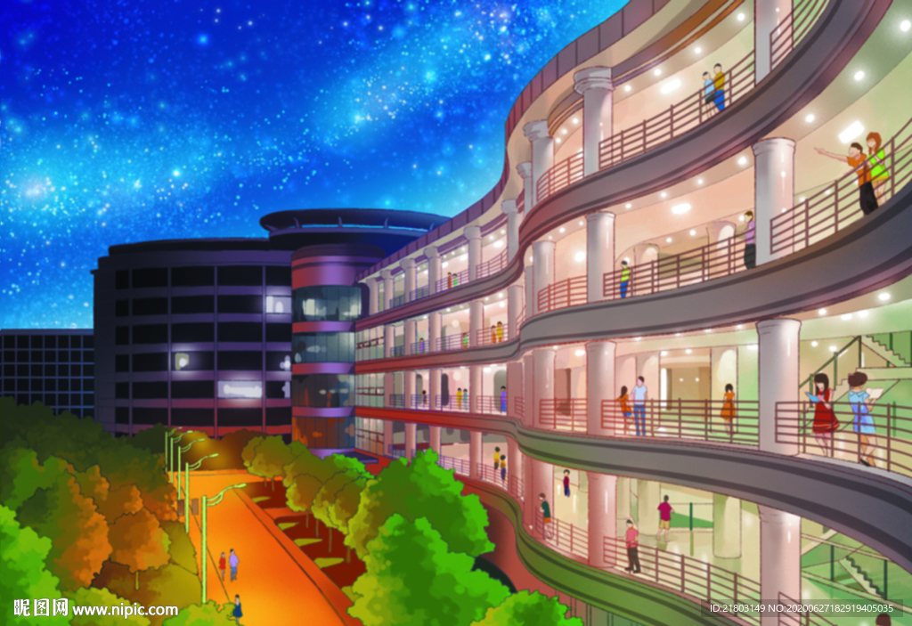 手绘城市素材灯光夜景宿舍楼