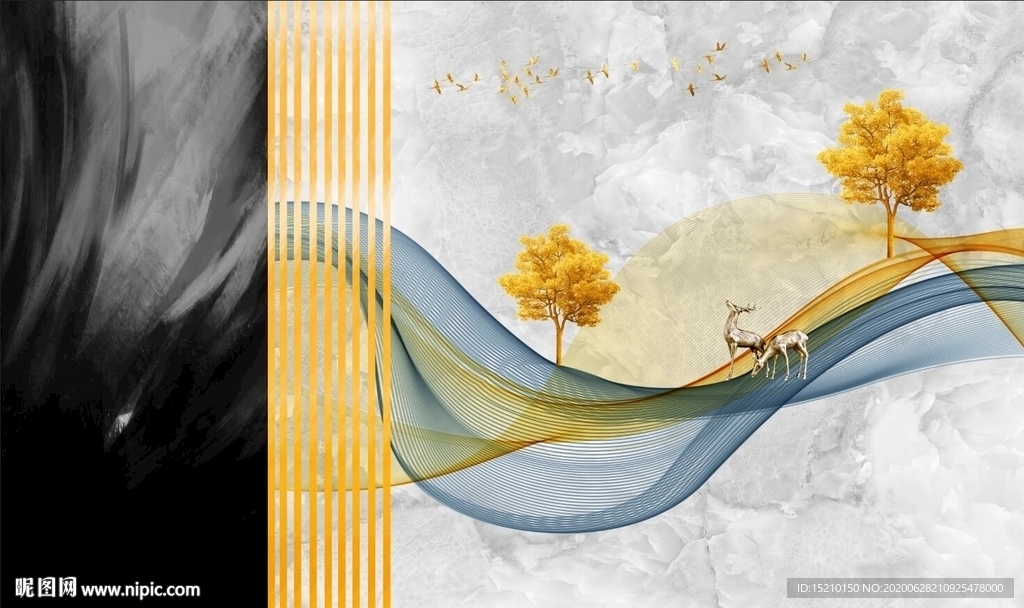 金色线条发财树电视背景墙