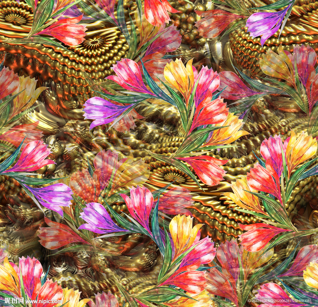 连续循环数码印花复古花卉花型