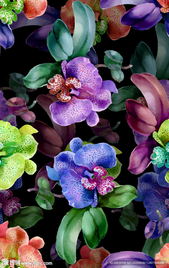 连续循环数码印花复古花卉花型