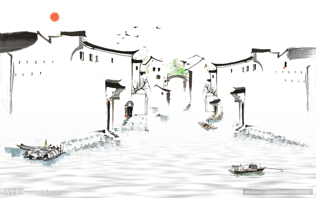 新中式水墨江南马头墙背景装饰画