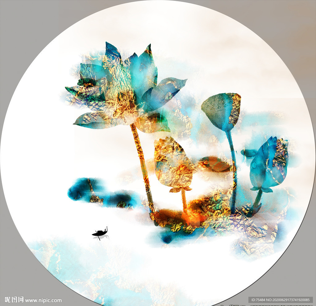 金色水墨荷花装饰画