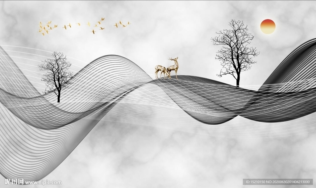 水墨线条抽象树电视背景墙