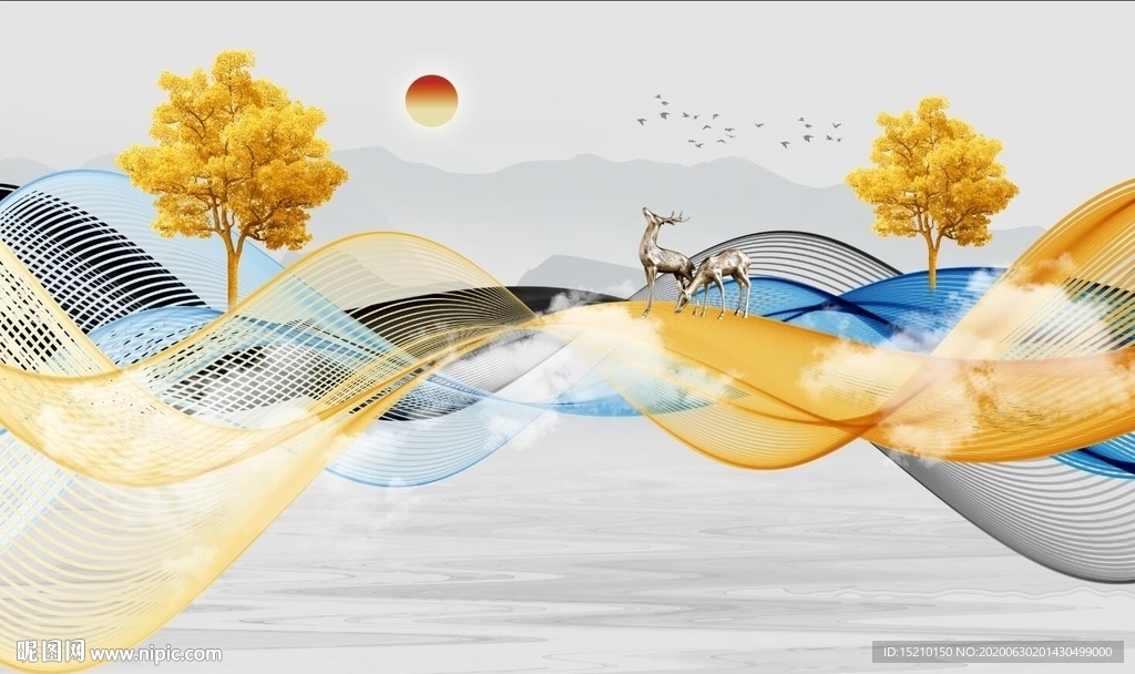 水墨山水发财树电视背景墙