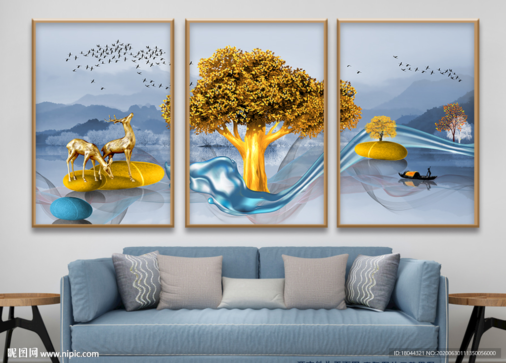 意境山水发财树麋鹿无框画