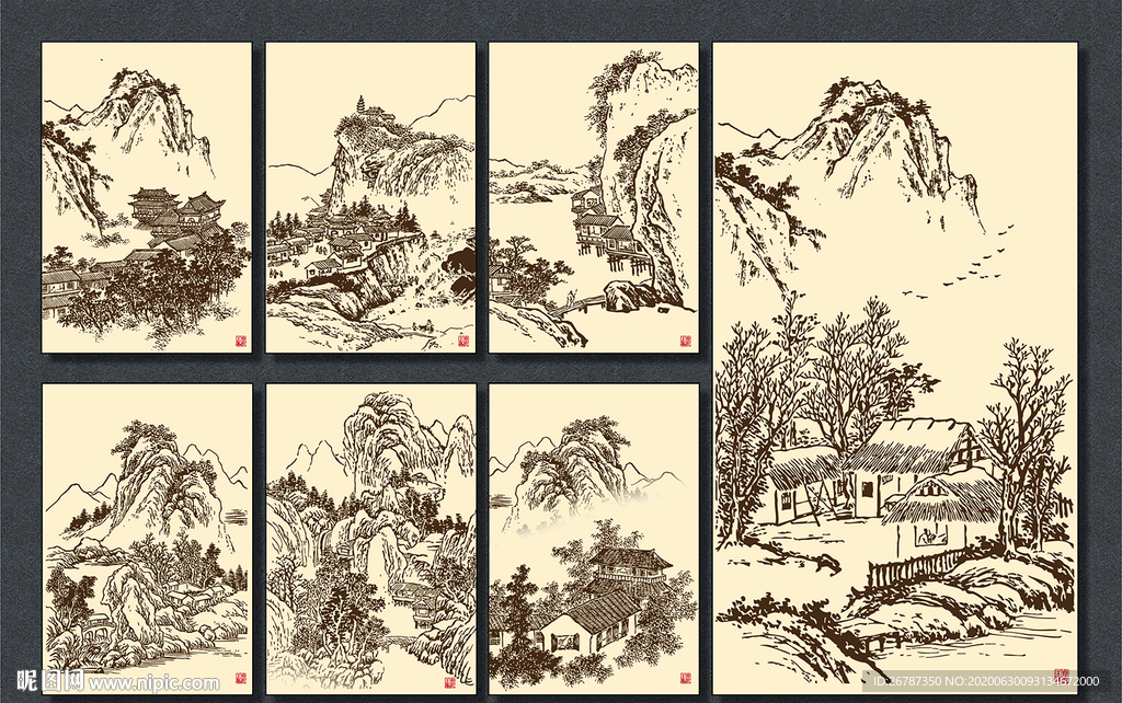 矢量手绘中国古典山水写意