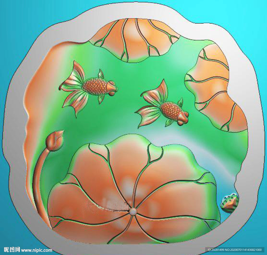 金鱼荷花茶盘精雕图