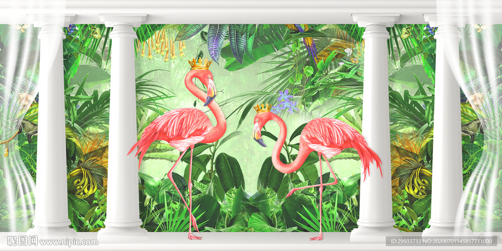 3D罗马柱火烈鸟背景墙