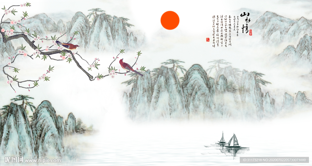 新中式工笔花鸟山水背景墙