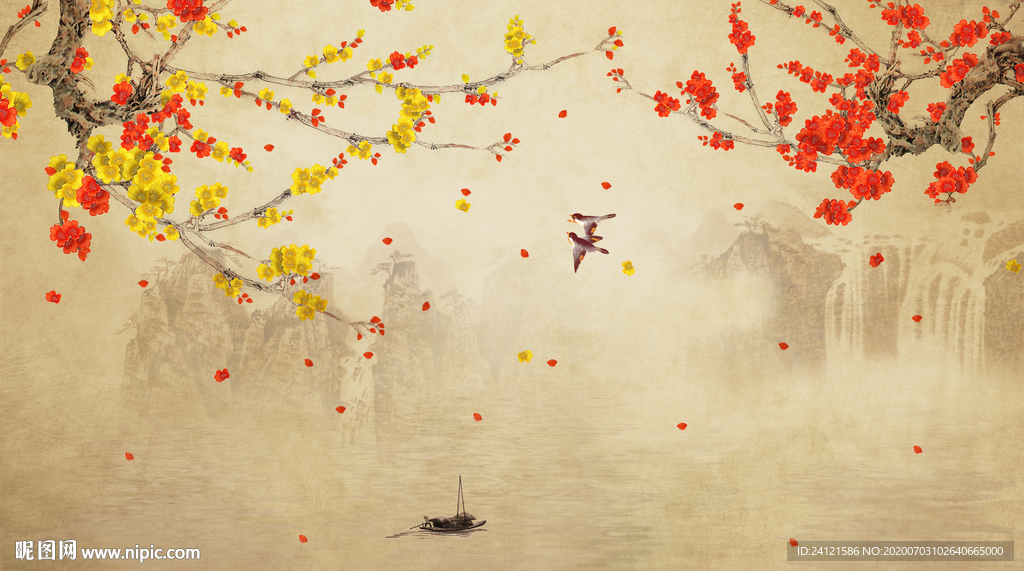 梅花山水背景墙