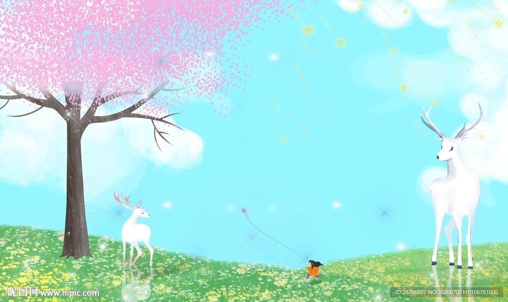 唯美手绘风景画麋鹿壁画图片